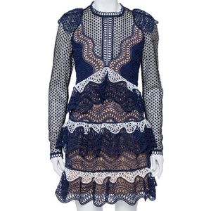 NWT Self-Portrait (Neiman Marcus) blue & white mini long sleeved dress US size 6